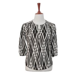 Womens Silky Blouse Black White Geometric 3/4 Sleeve V-Neck Relaxed Top Large